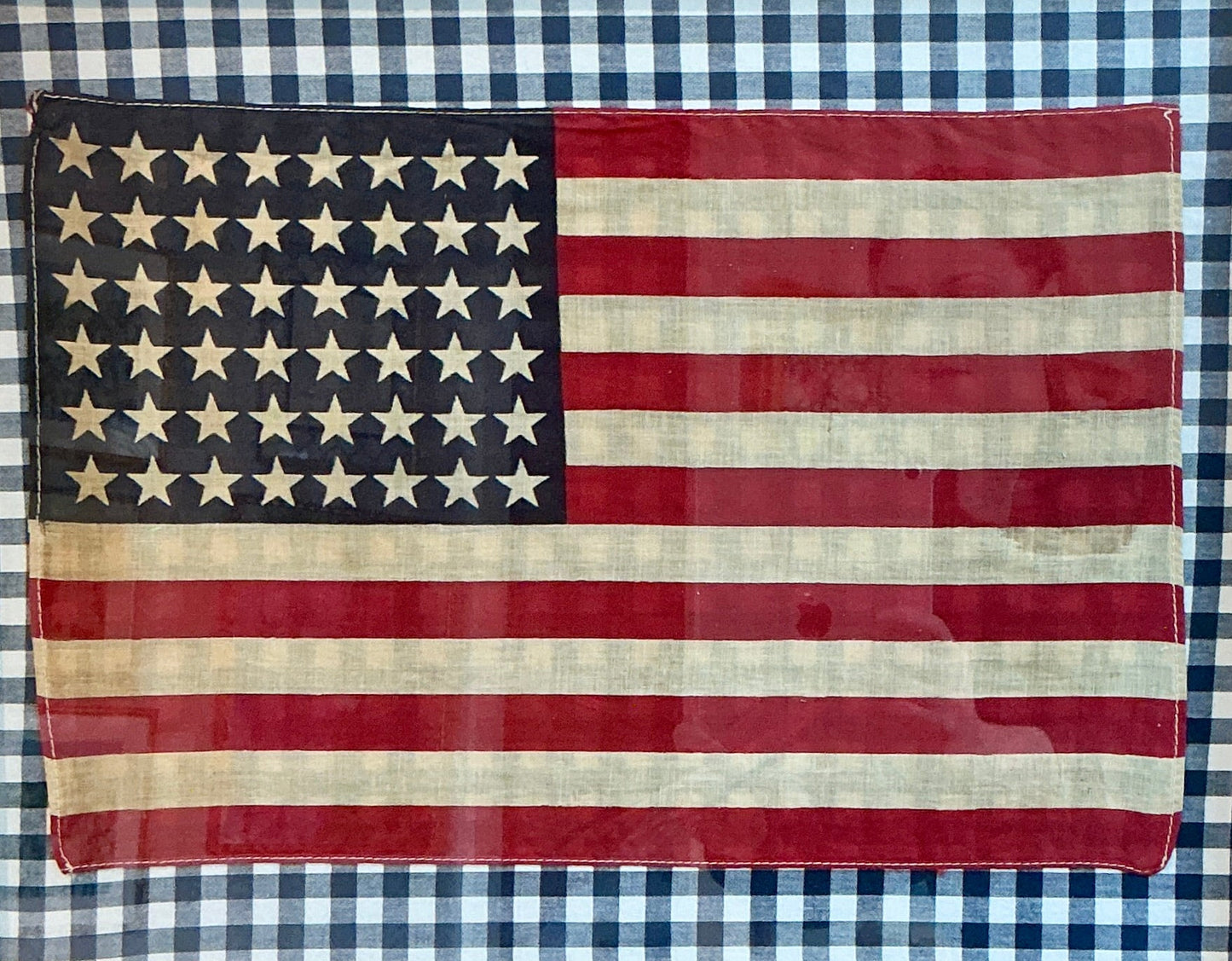 Vintage 48 Star American Flag on Navy Blue Gingham Fabric in Gold Frame