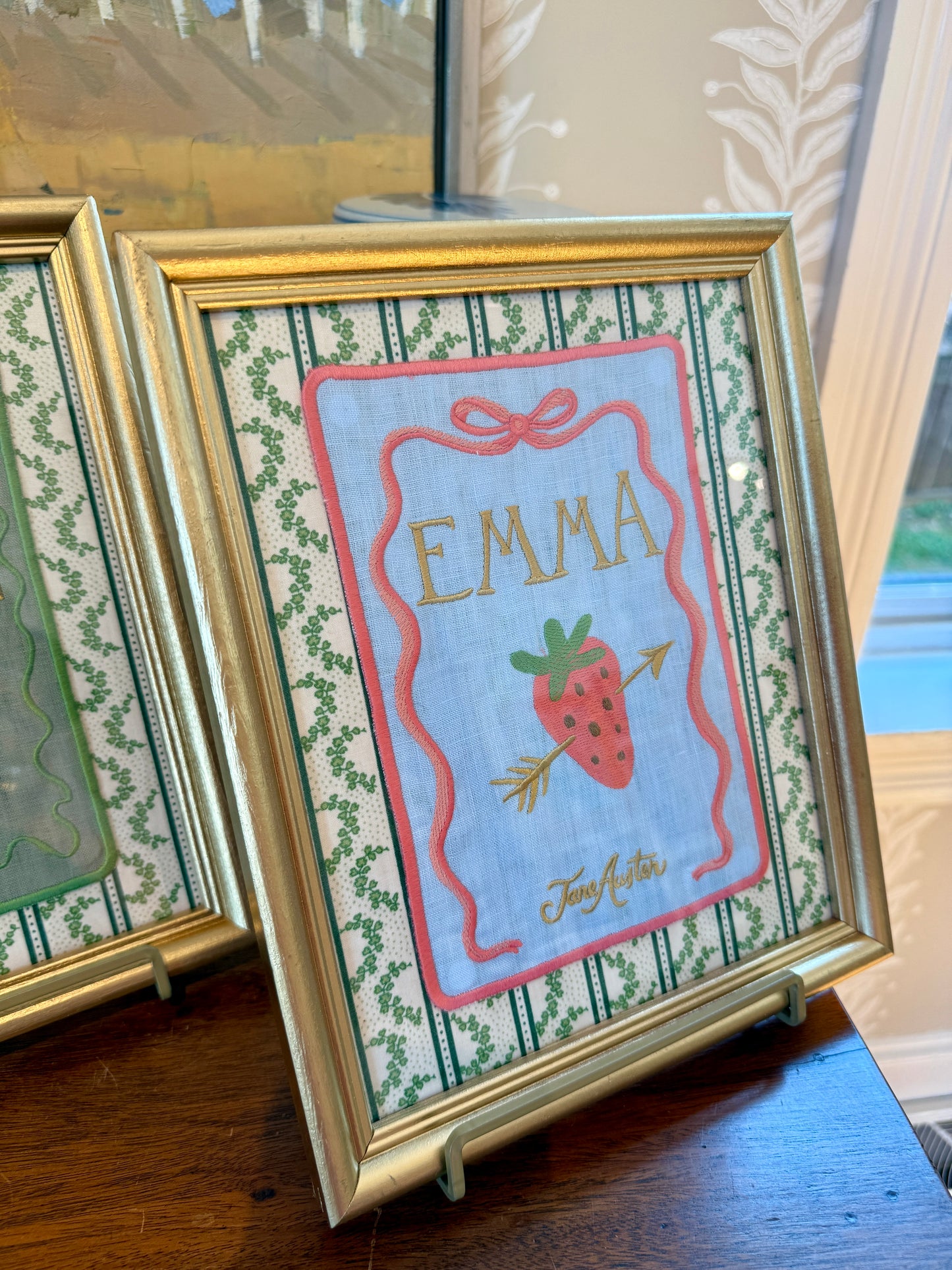 Jane Austen Novels Set of Four Emroidered Linen Books on Green Ivy Stripes in Gold Frames