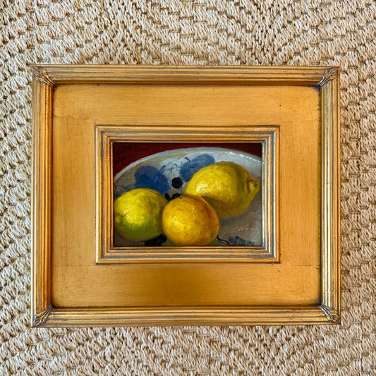 Blue and White Bowl with Lemons Contemporary Still Life Oil Painting in Gold Frame