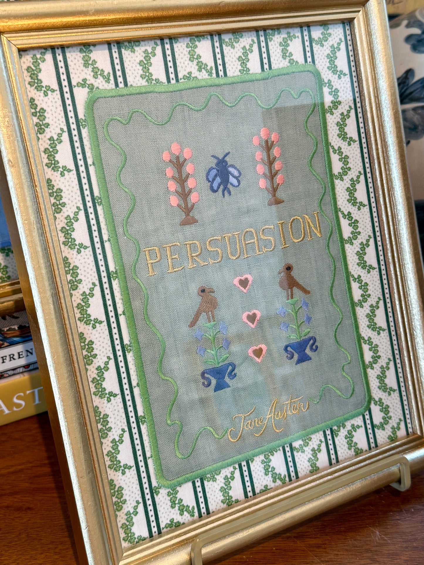 Jane Austen Novels Set of Four Emroidered Linen Books on Green Ivy Stripes in Gold Frames