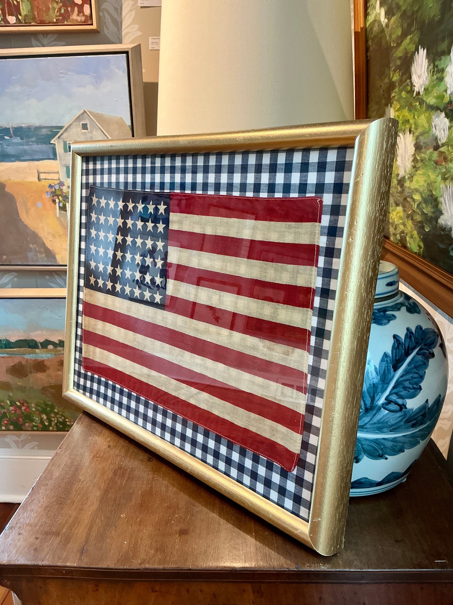 Vintage 48 Star American Flag on Navy Blue Gingham Fabric in Gold Frame