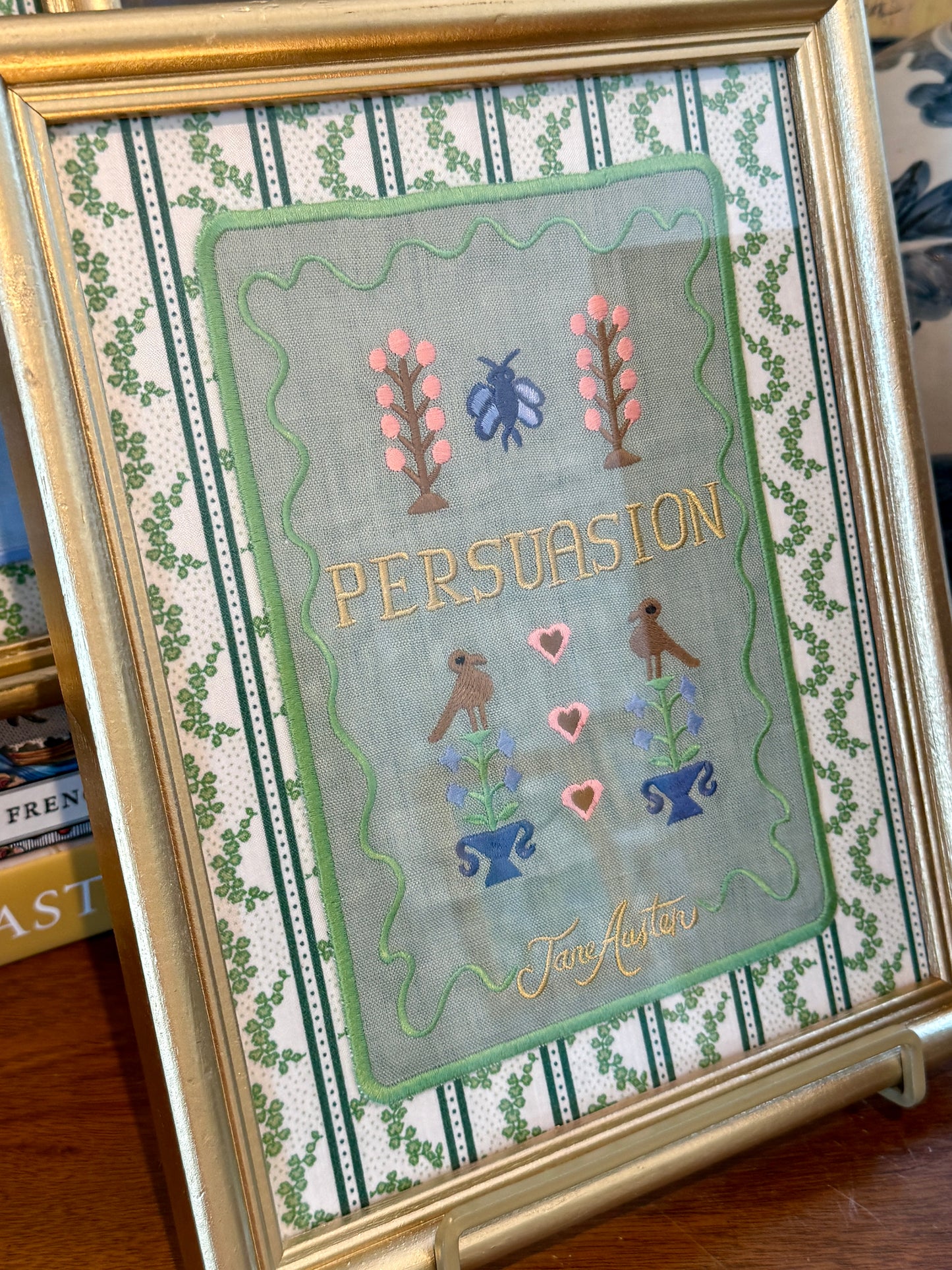 Jane Austen Novels Set of Four Emroidered Linen Books on Green Ivy Stripes in Gold Frames