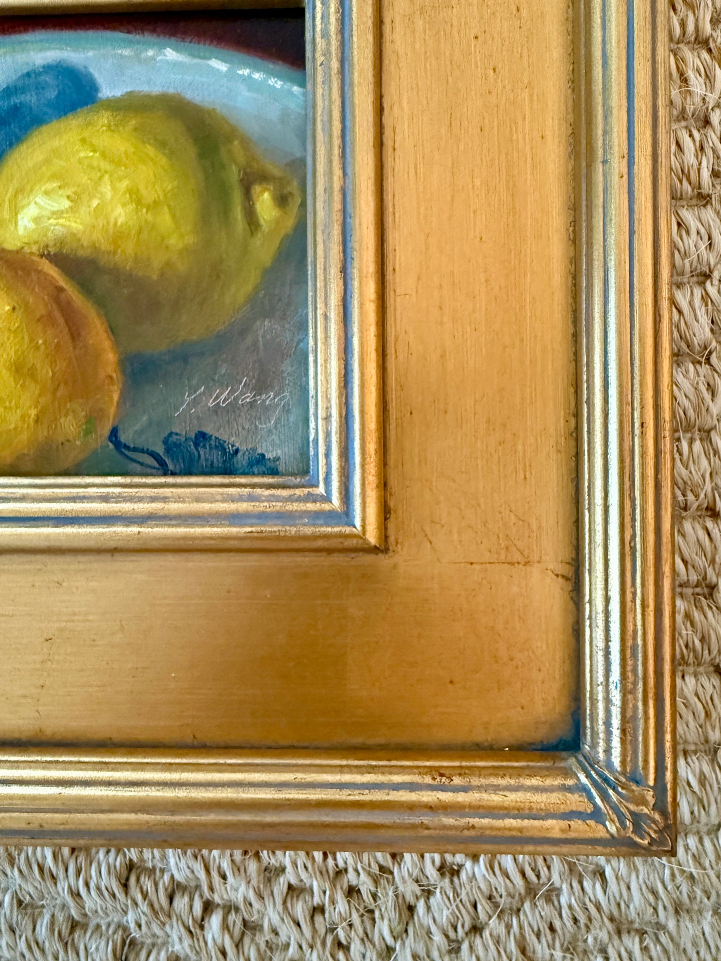Blue and White Bowl with Lemons Contemporary Still Life Oil Painting in Gold Frame