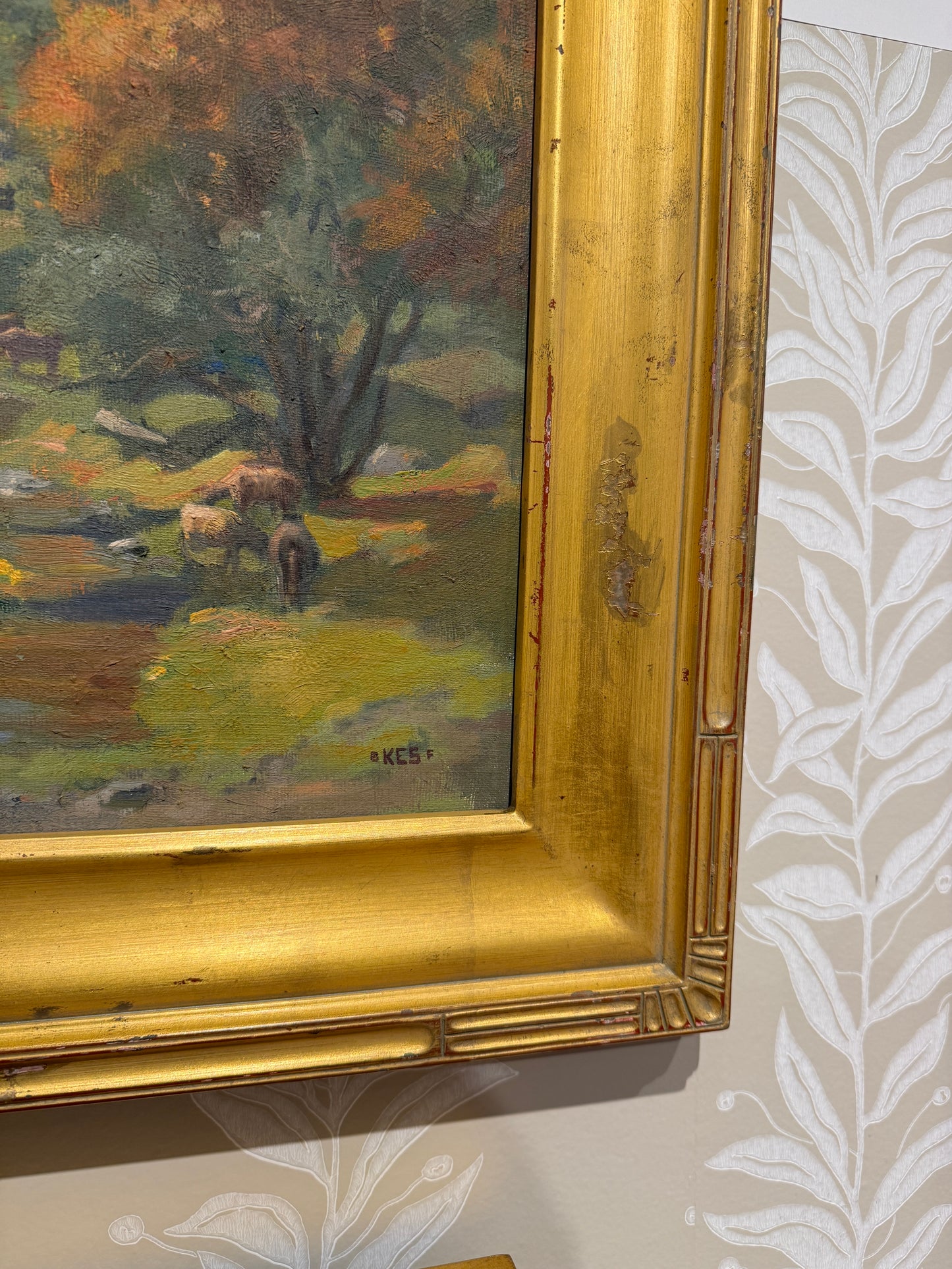 Early 20th Century Sheep in Autumn Pasture American Landscape Oil Painting in Gold Frame