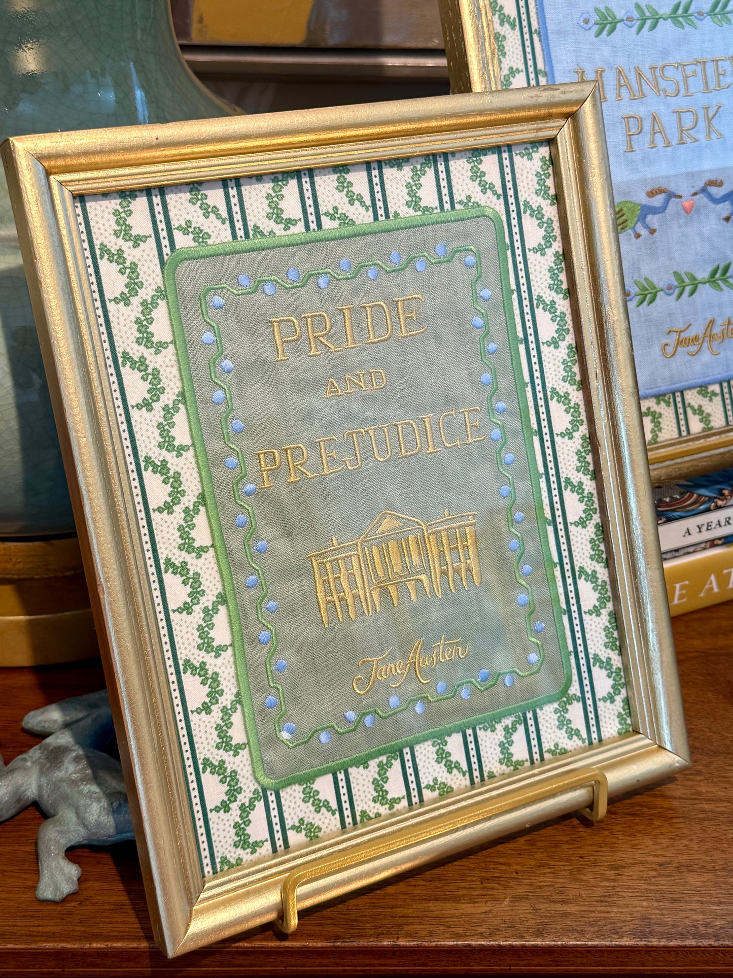 Jane Austen Novels Set of Four Emroidered Linen Books on Green Ivy Stripes in Gold Frames