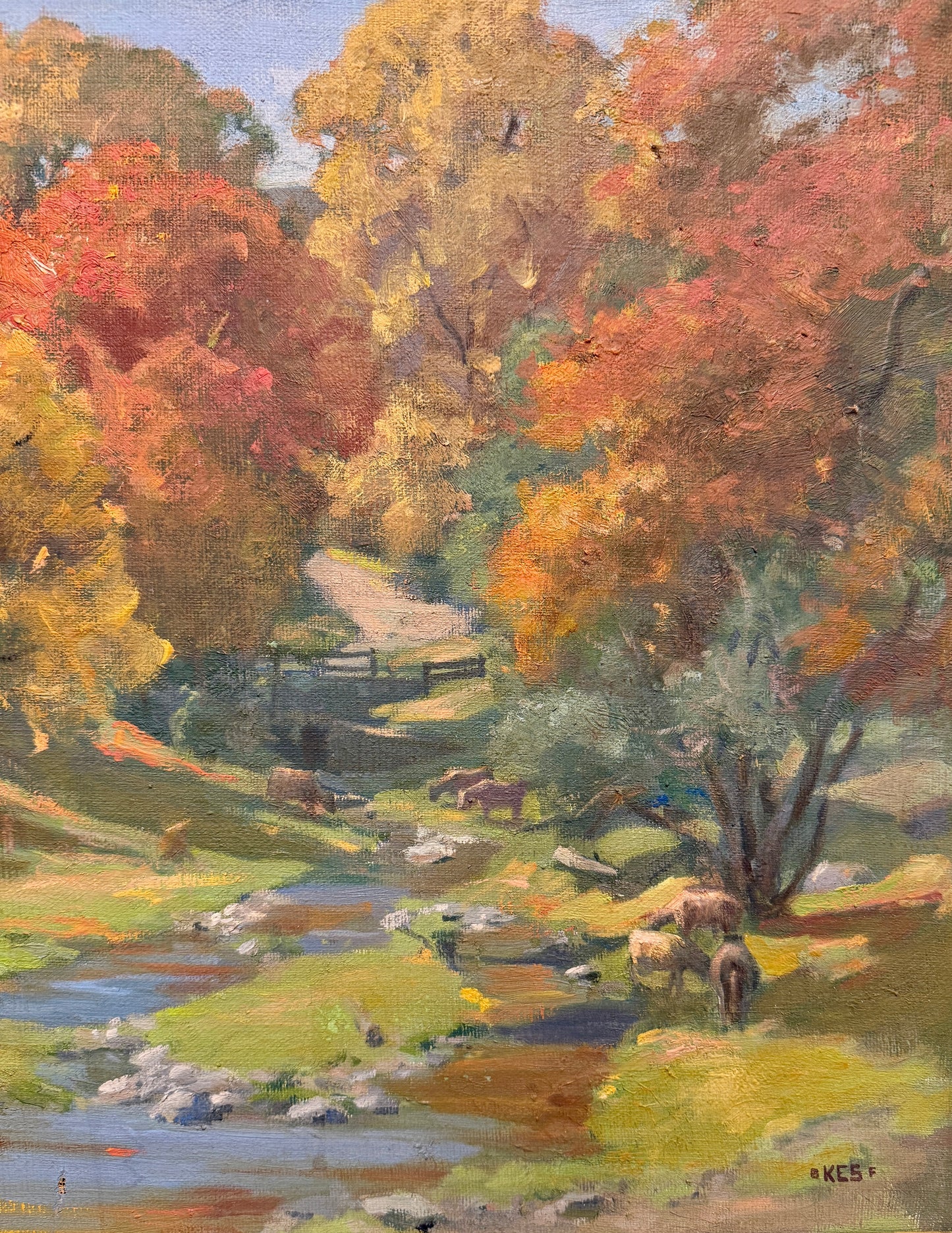 Early 20th Century Sheep in Autumn Pasture American Landscape Oil Painting in Gold Frame