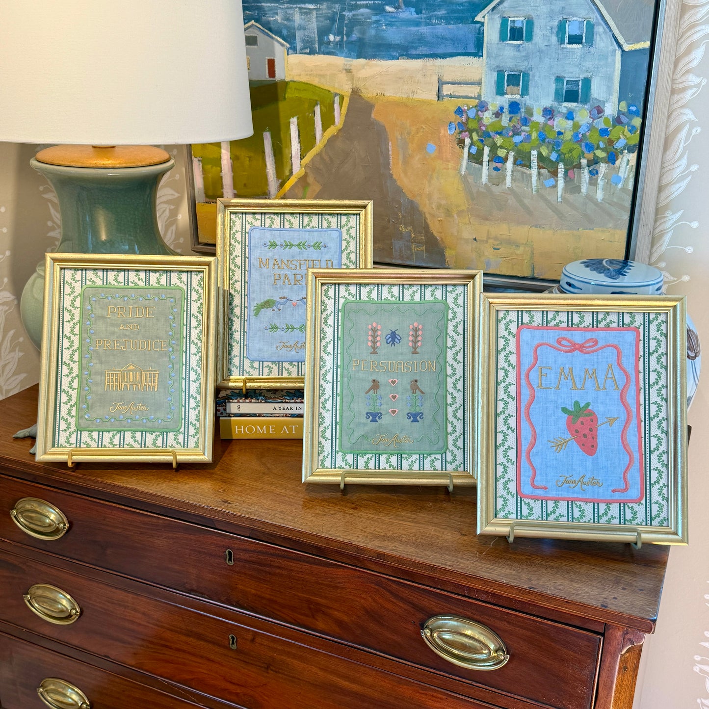 Jane Austen Novels Set of Four Emroidered Linen Books on Green Ivy Stripes in Gold Frames