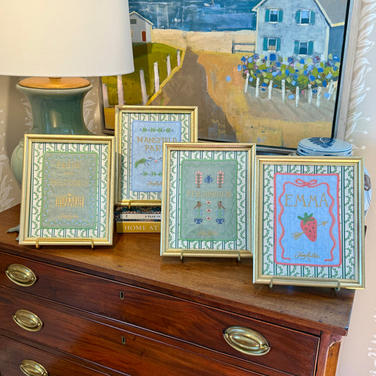 Jane Austen Novels Set of Four Emroidered Linen Books on Green Ivy Stripes in Gold Frames