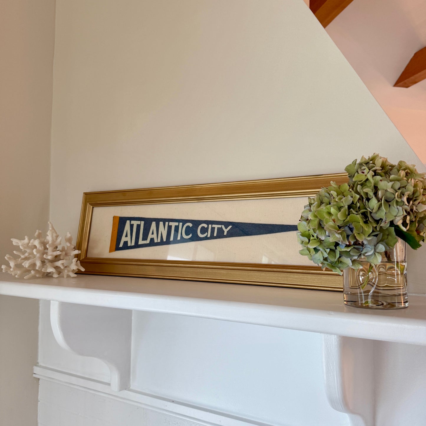Early 20th Century Large Atlantic City Wool Penant on Ivory Fine Corduroy in Gold Frame