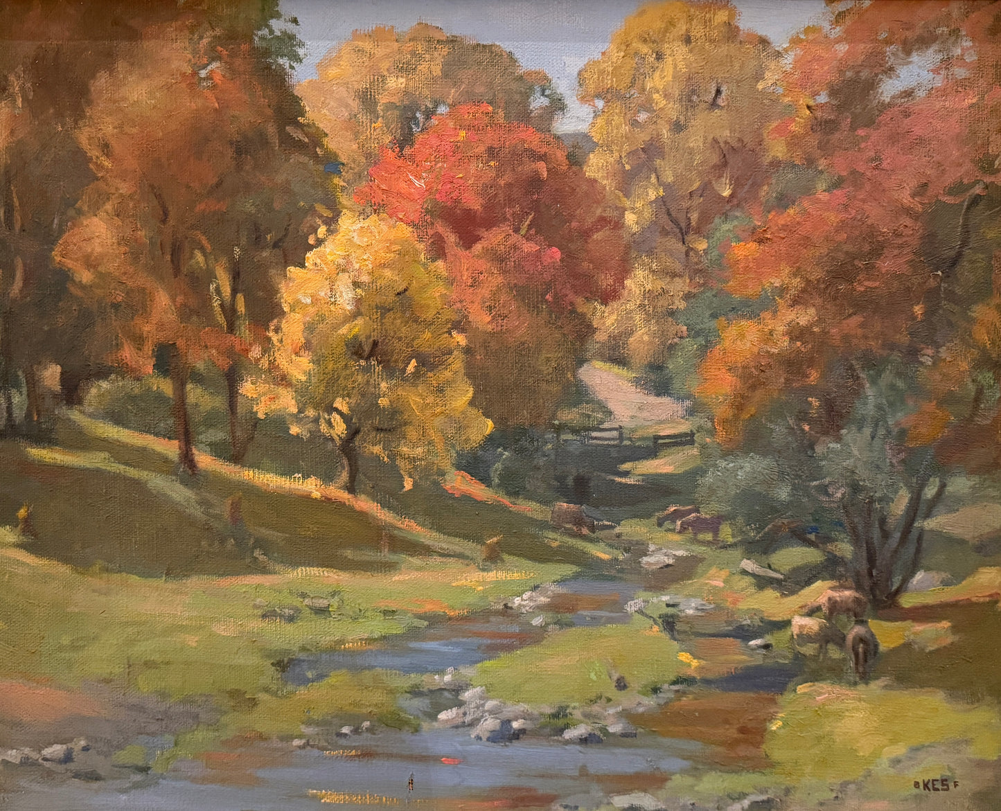 Early 20th Century Sheep in Autumn Pasture American Landscape Oil Painting in Gold Frame