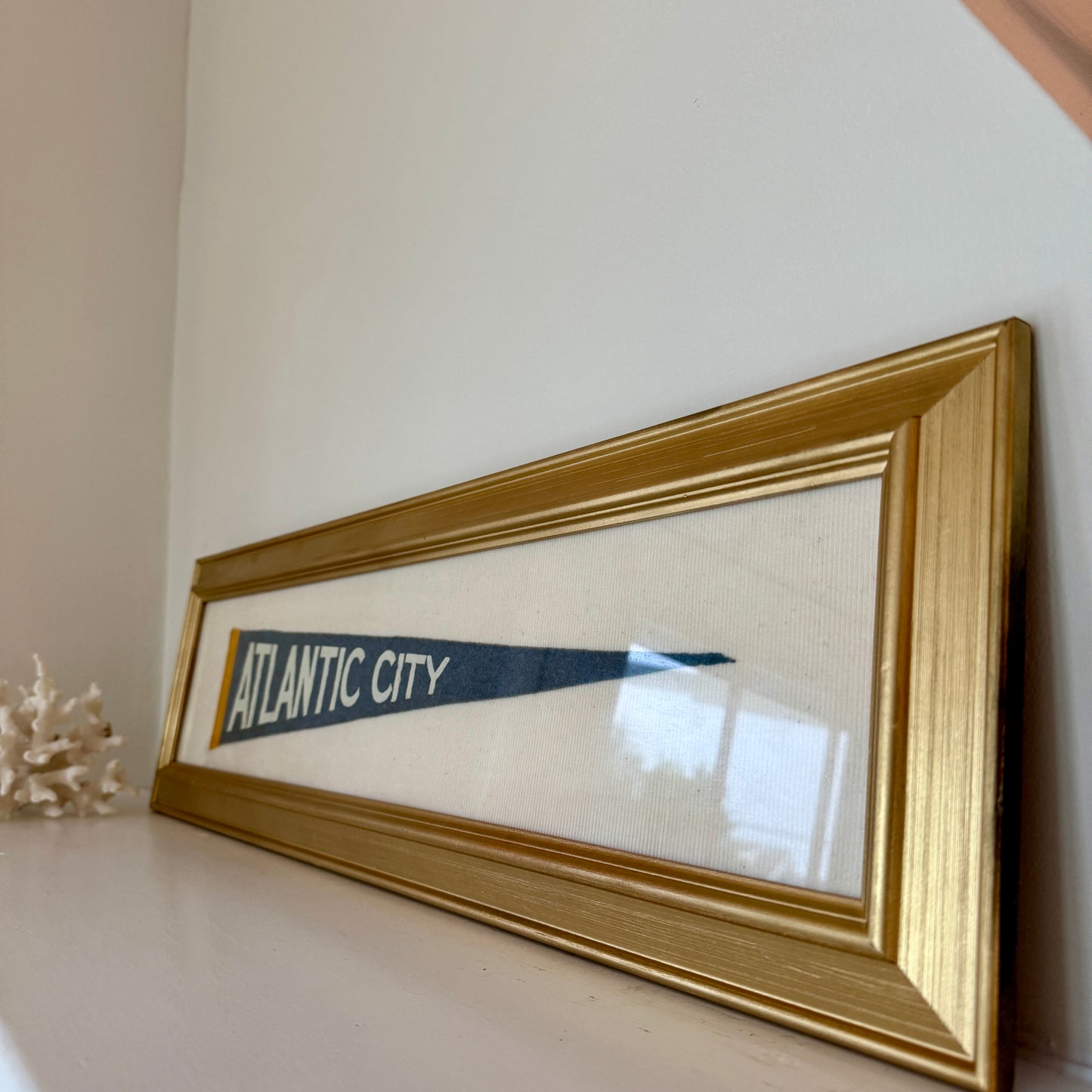 Early 20th Century Large Atlantic City Wool Penant on Ivory Fine Corduroy in Gold Frame
