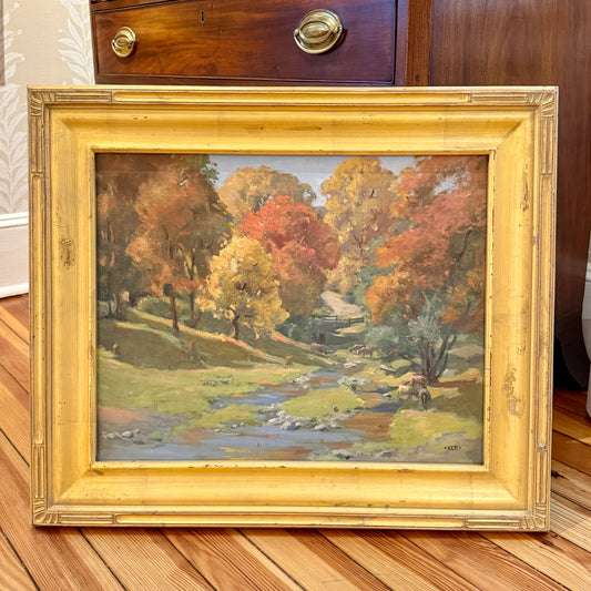 Early 20th Century Sheep in Autumn Pasture American Landscape Oil Painting in Gold Frame