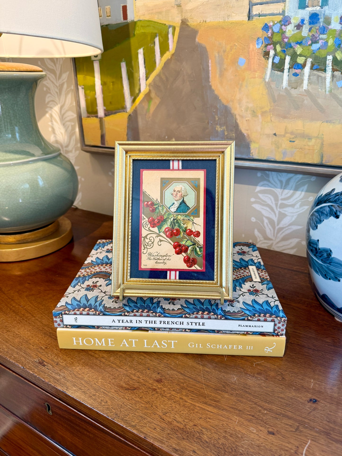 Antique George Washington Father Of His Country Postcard With Red and White Ribbon on Chambray in Gold Frame
