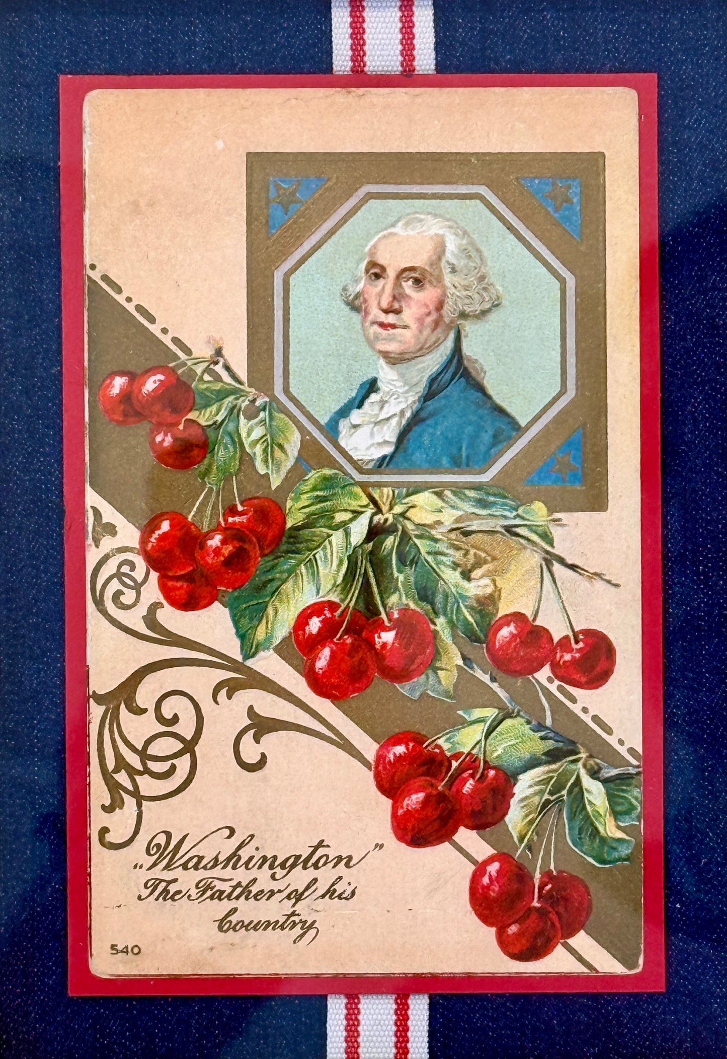 Antique George Washington Father Of His Country Postcard With Red and White Ribbon on Chambray in Gold Frame