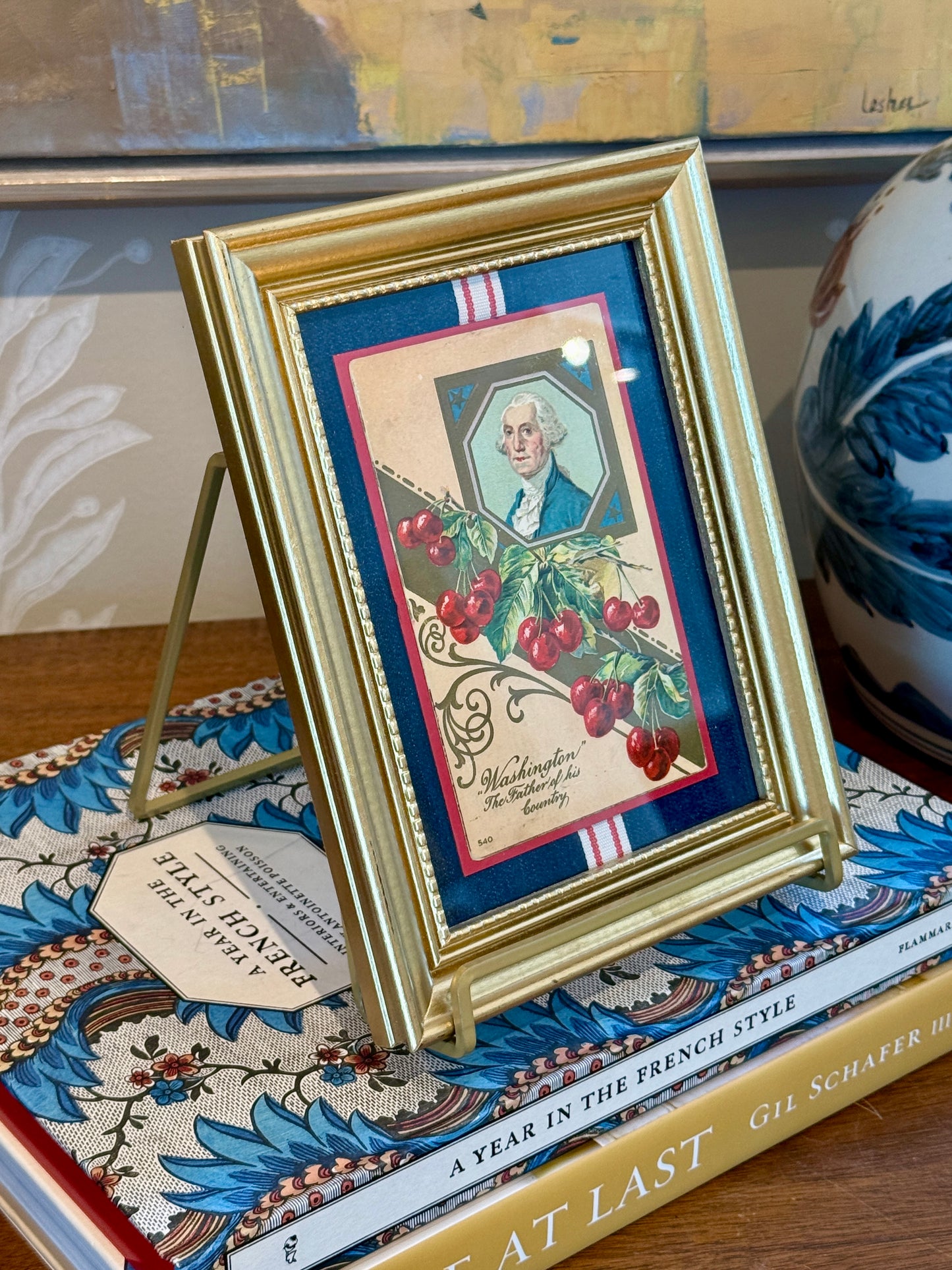 Antique George Washington Father Of His Country Postcard With Red and White Ribbon on Chambray in Gold Frame