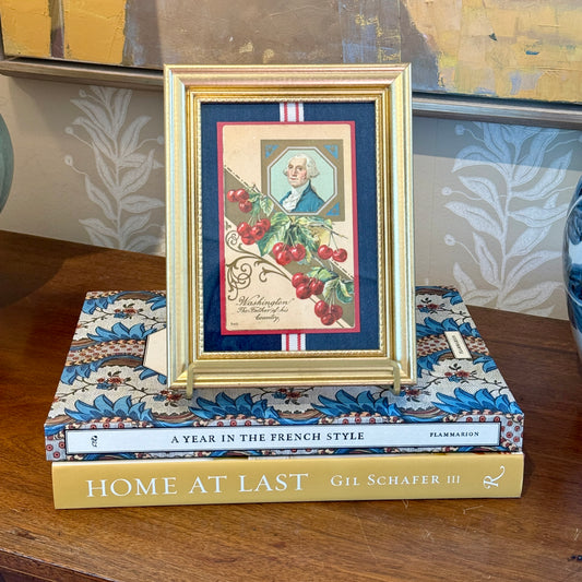 Antique George Washington Father Of His Country Postcard With Red and White Ribbon on Chambray in Gold Frame