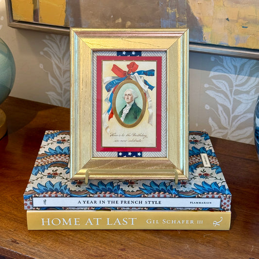 Antique George Washington Birthday Postcard on Taupe Herringbone With Blue Star Ribbon in Gold Frame