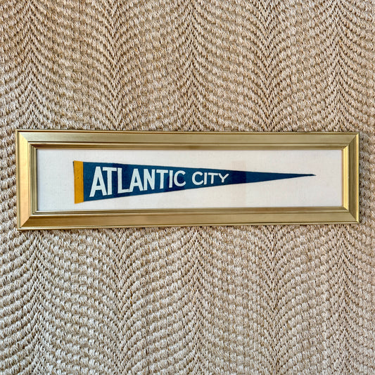 Early 20th Century Large Atlantic City Wool Penant on Ivory Fine Corduroy in Gold Frame