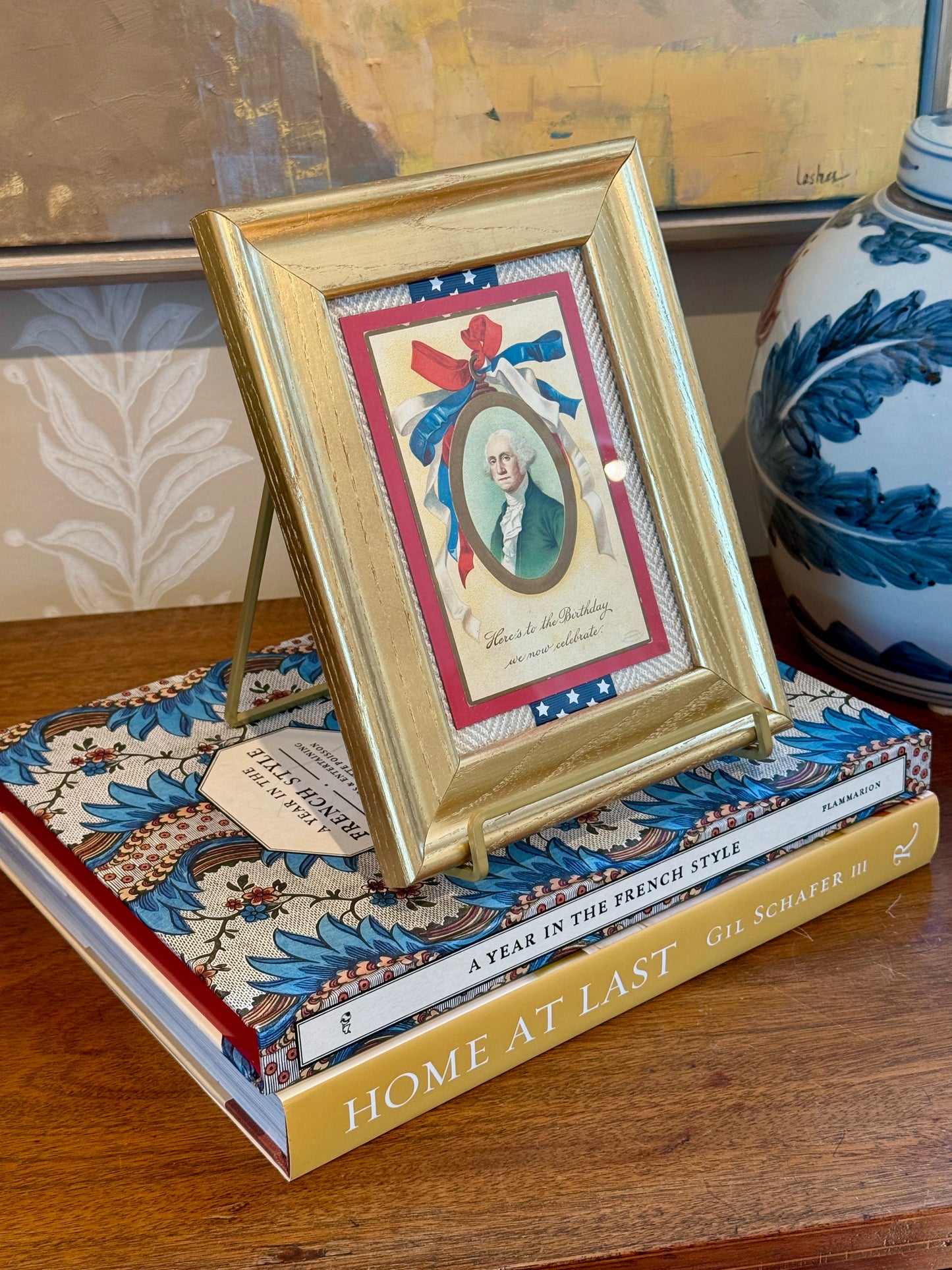 Antique George Washington Birthday Postcard on Taupe Herringbone With Blue Star Ribbon in Gold Frame