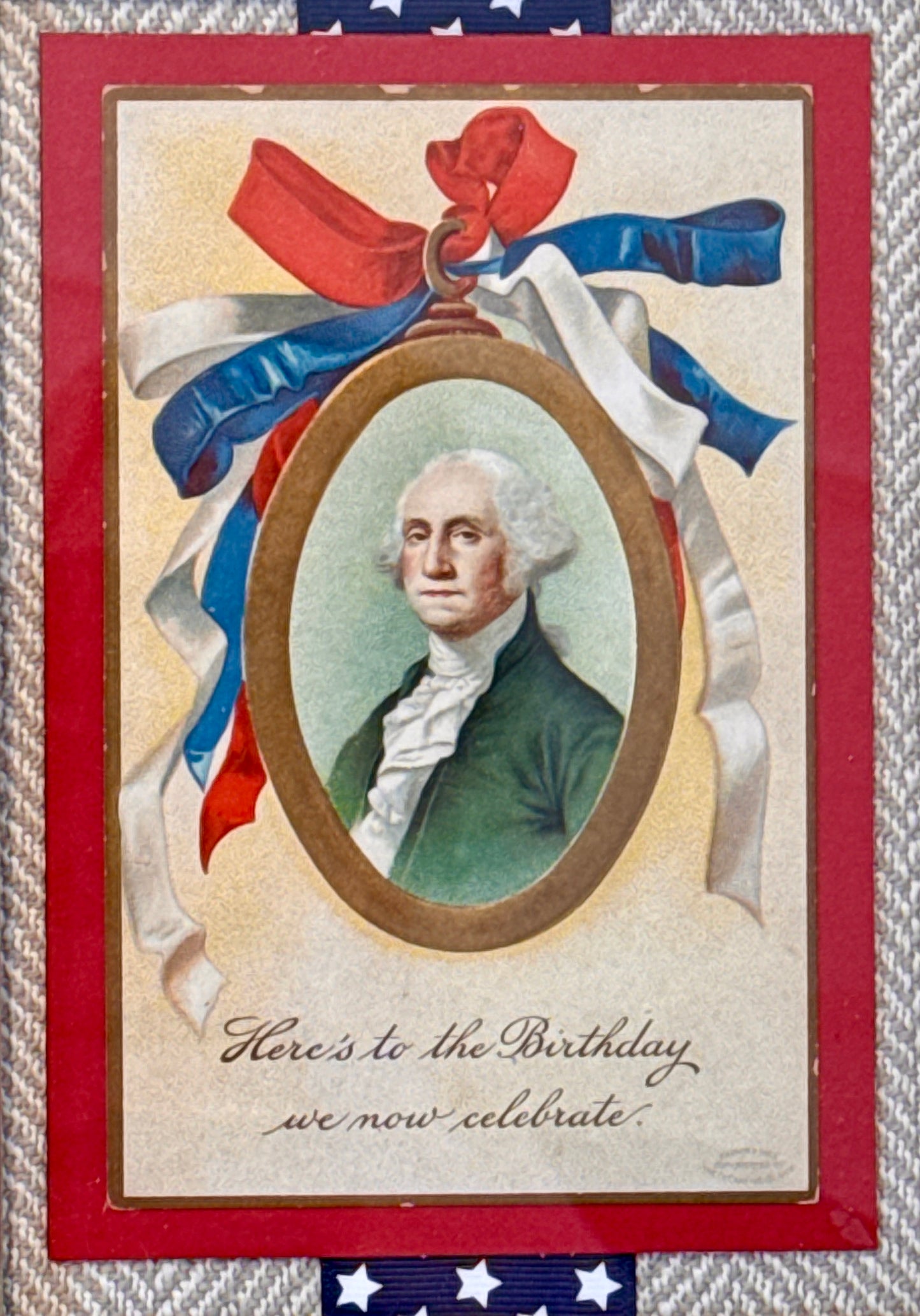 Antique George Washington Birthday Postcard on Taupe Herringbone With Blue Star Ribbon in Gold Frame