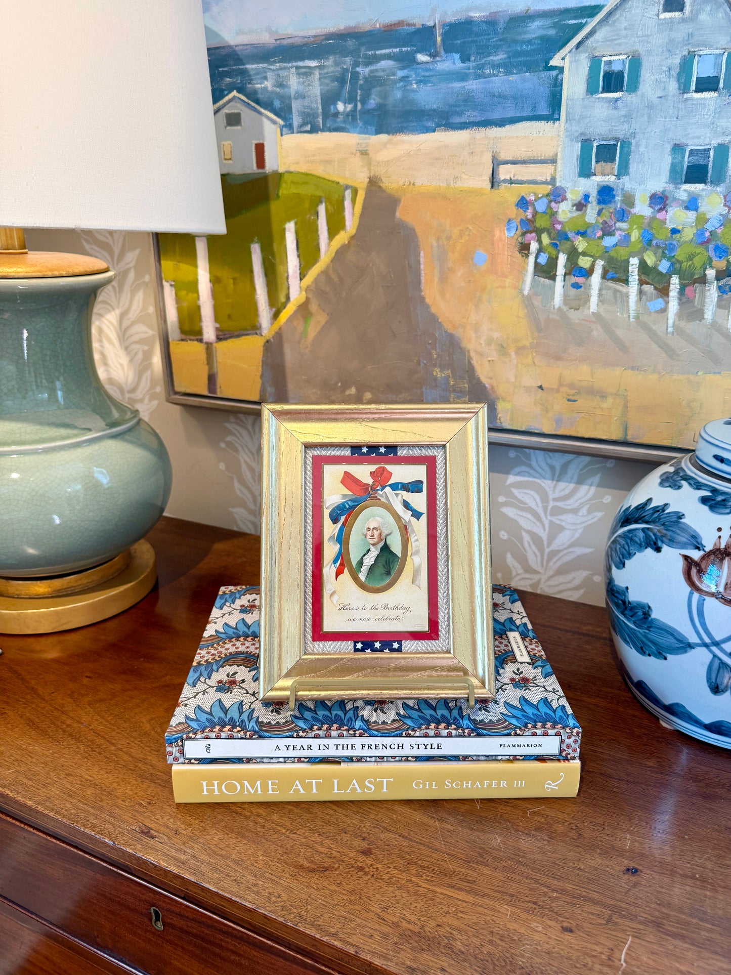Antique George Washington Birthday Postcard on Taupe Herringbone With Blue Star Ribbon in Gold Frame