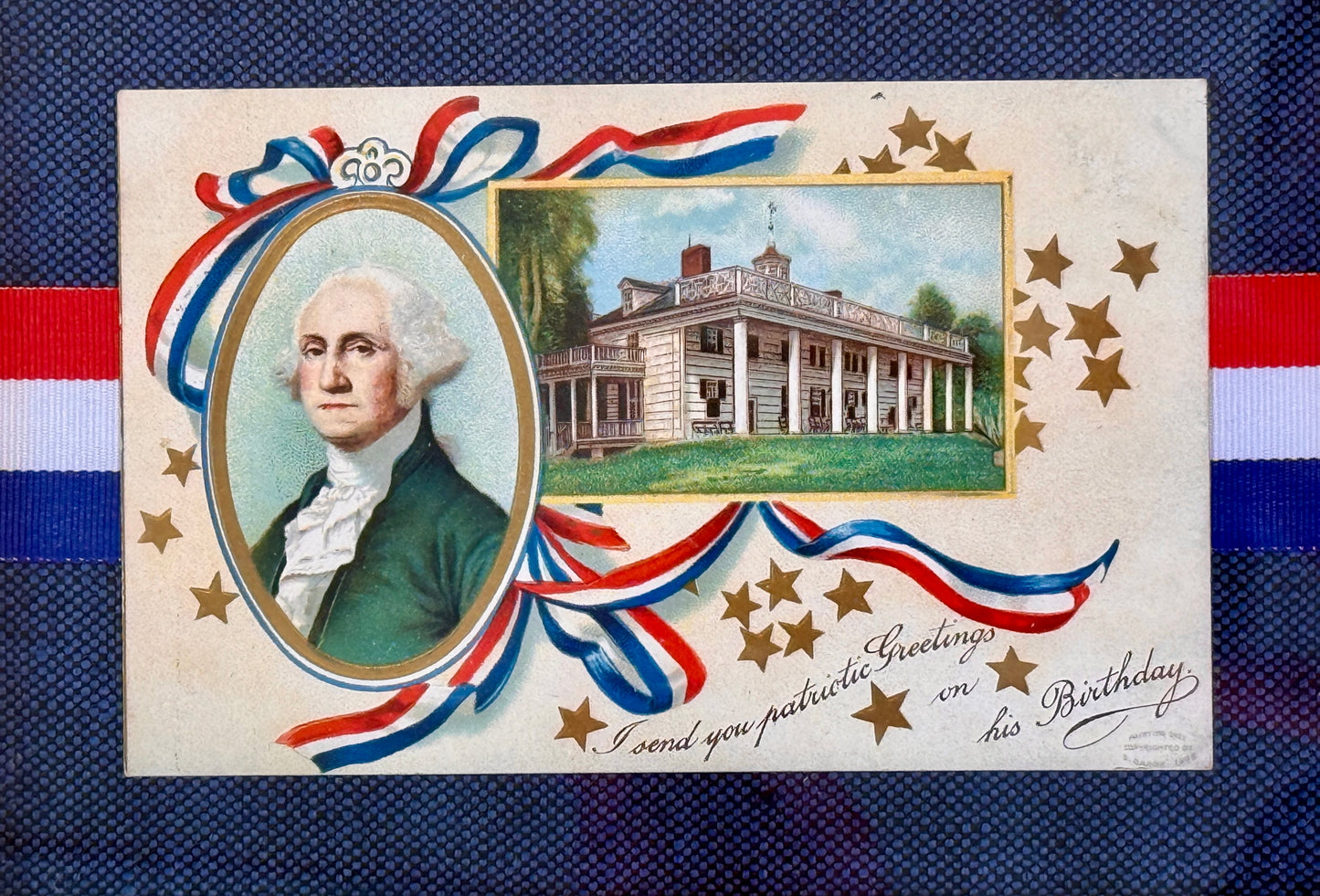 Antique George Washington's Birthday Postcard on Dark Blue Twill With Red White Blue Ribbon in Gold Frame