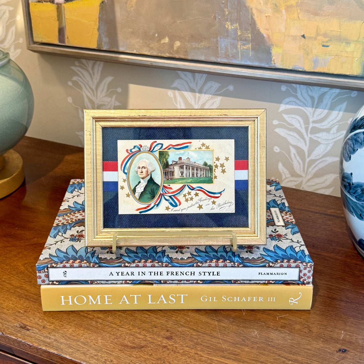 Antique George Washington's Birthday Postcard on Dark Blue Twill With Red White Blue Ribbon in Gold Frame