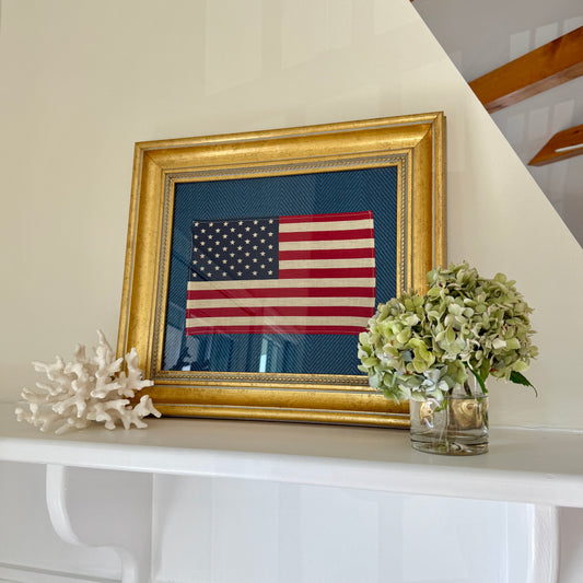 Vintage 50 Staggered Star American Flag on Ralph Lauren Navy Heringbone in Gold Frame