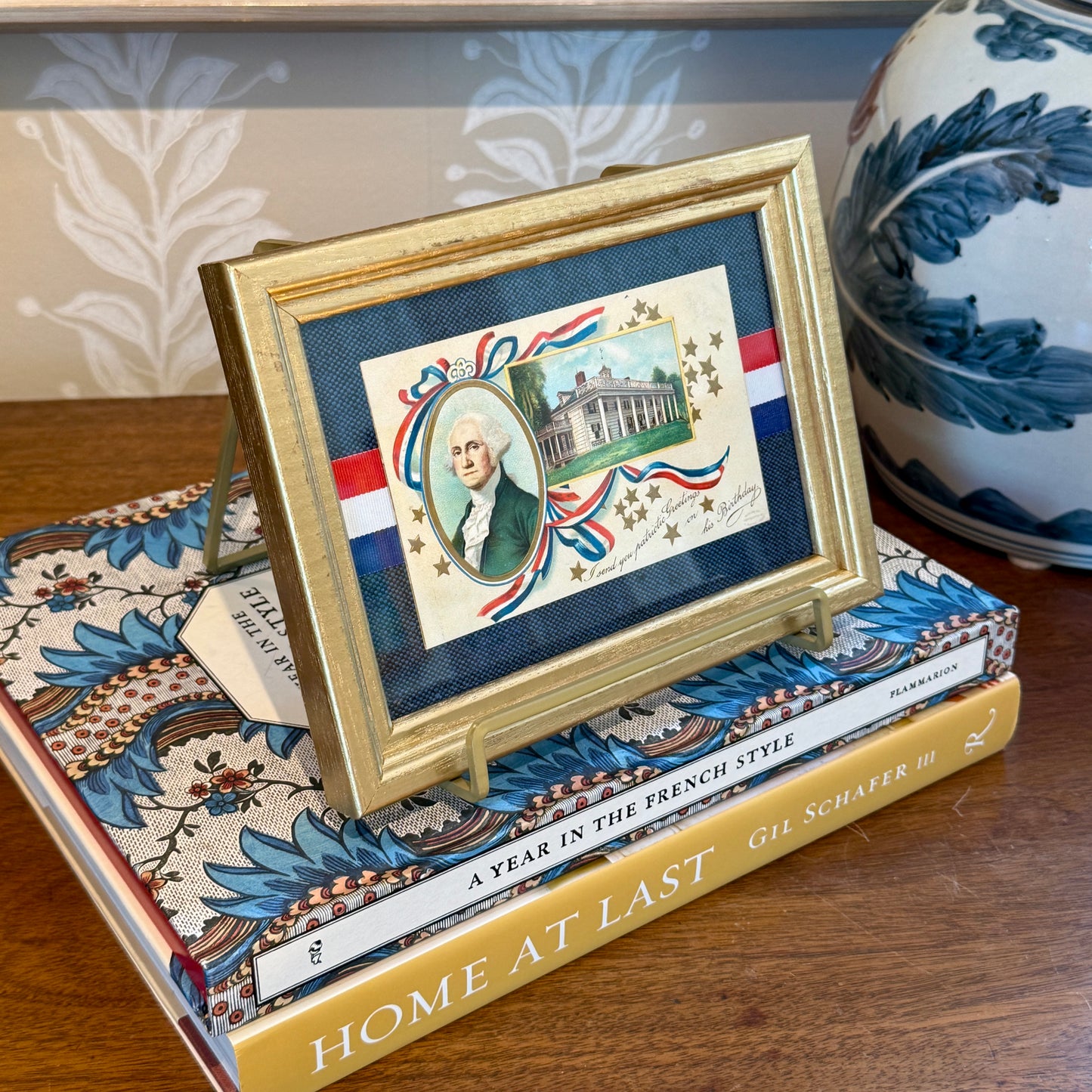 Antique George Washington's Birthday Postcard on Dark Blue Twill With Red White Blue Ribbon in Gold Frame