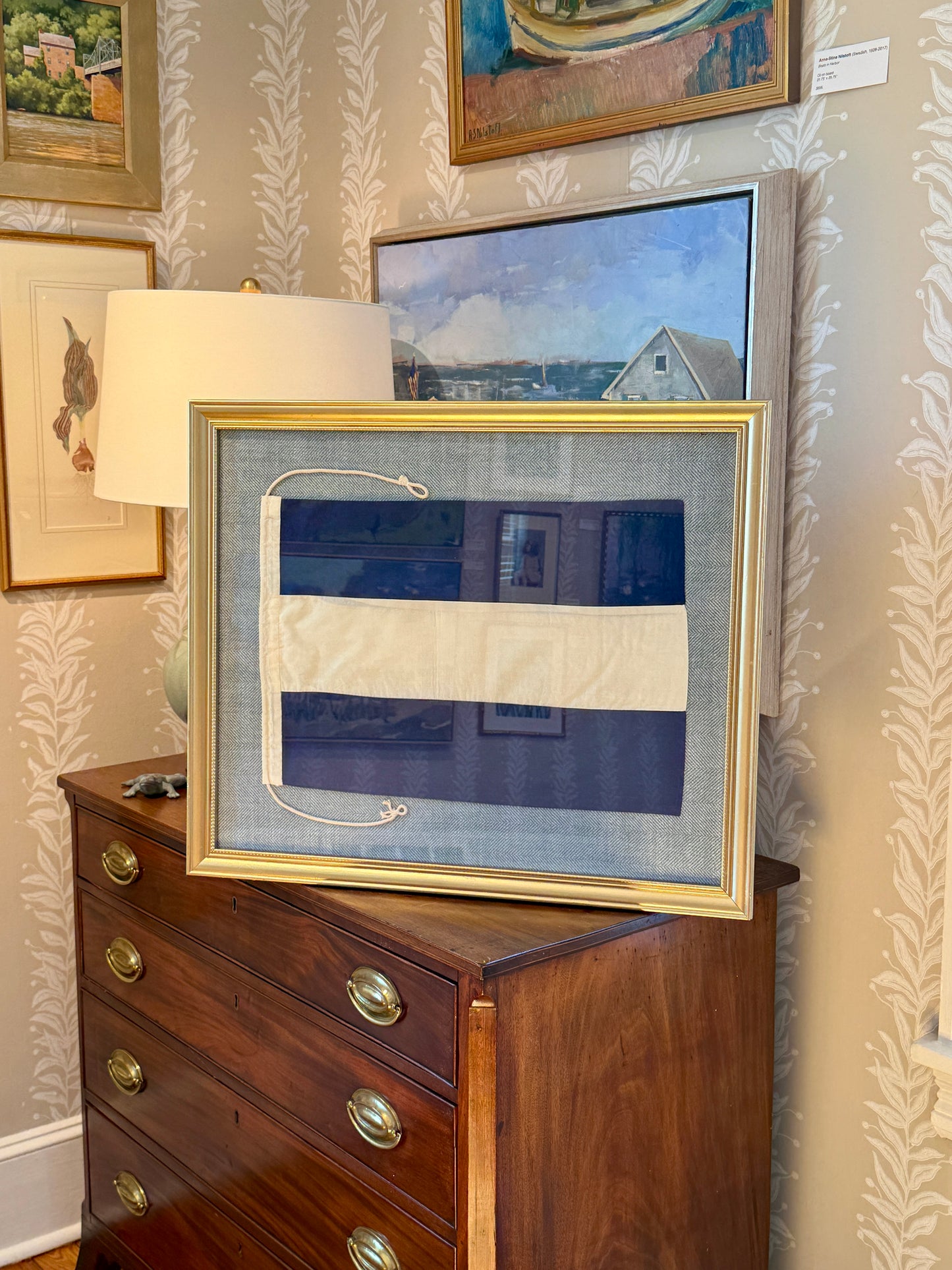 Vintage Cotton Canvas Nautical Signal Flag "J" / " Juliet" on Light Blue Herringbone in Gold Frame