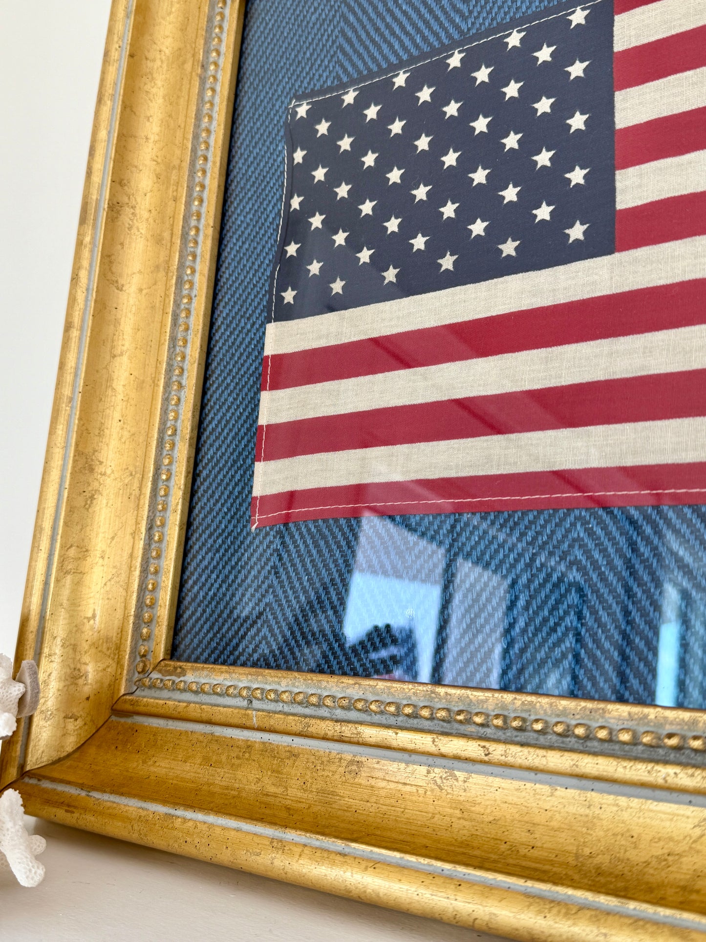 Vintage 50 Staggered Star American Flag on Ralph Lauren Navy Heringbone in Gold Frame