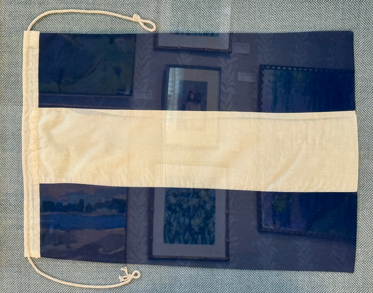 Vintage Cotton Canvas Nautical Signal Flag "J" / " Juliet" on Light Blue Herringbone in Gold Frame
