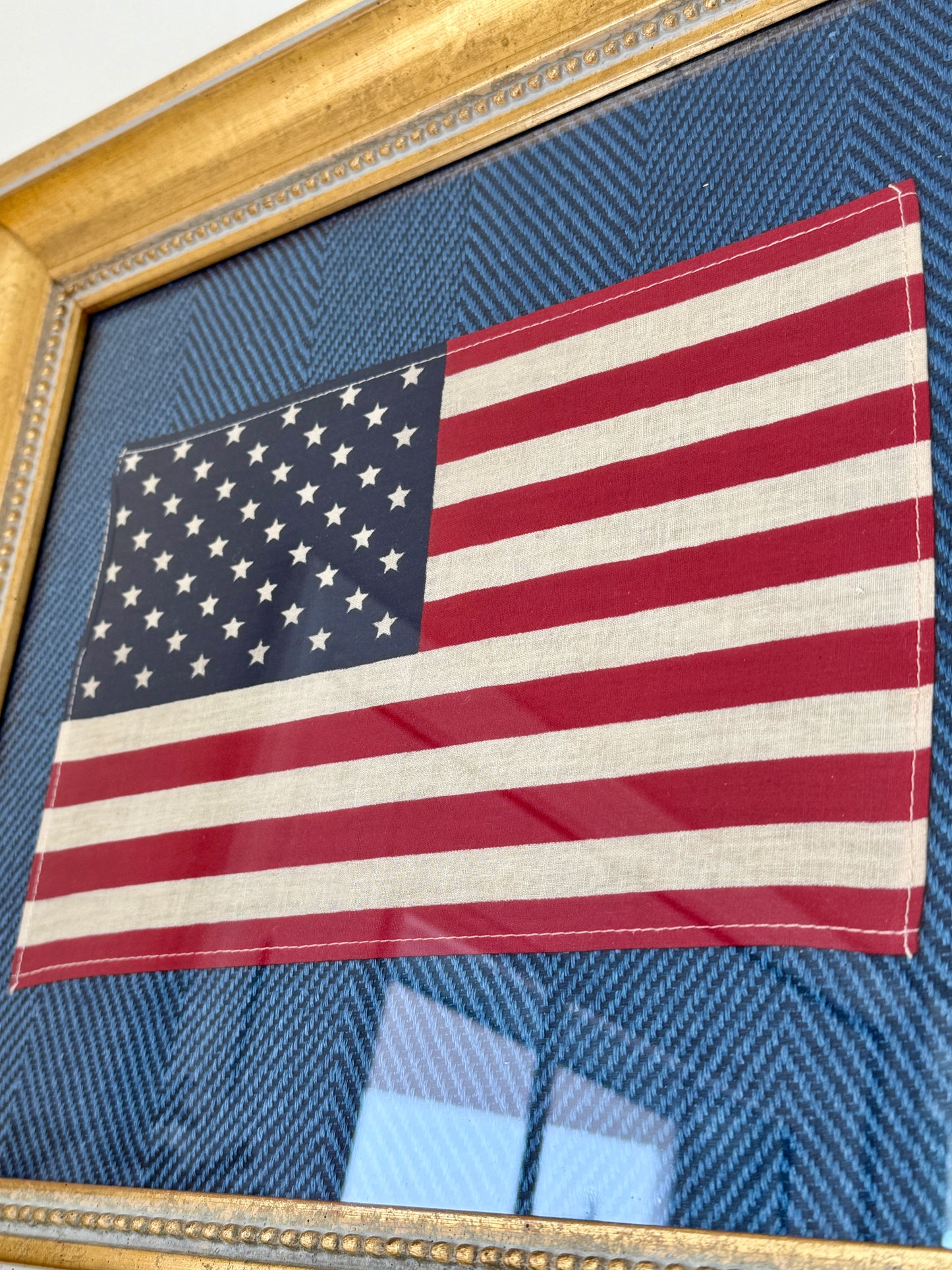 Vintage 50 Staggered Star American Flag on Ralph Lauren Navy Heringbone in Gold Frame