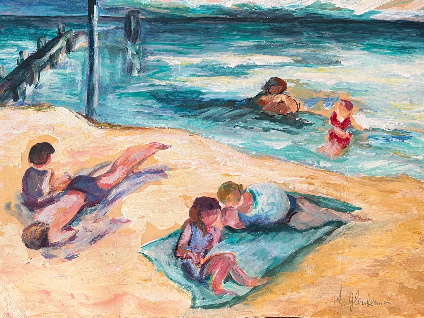 Mid Century Beach Bathers Oil Painting