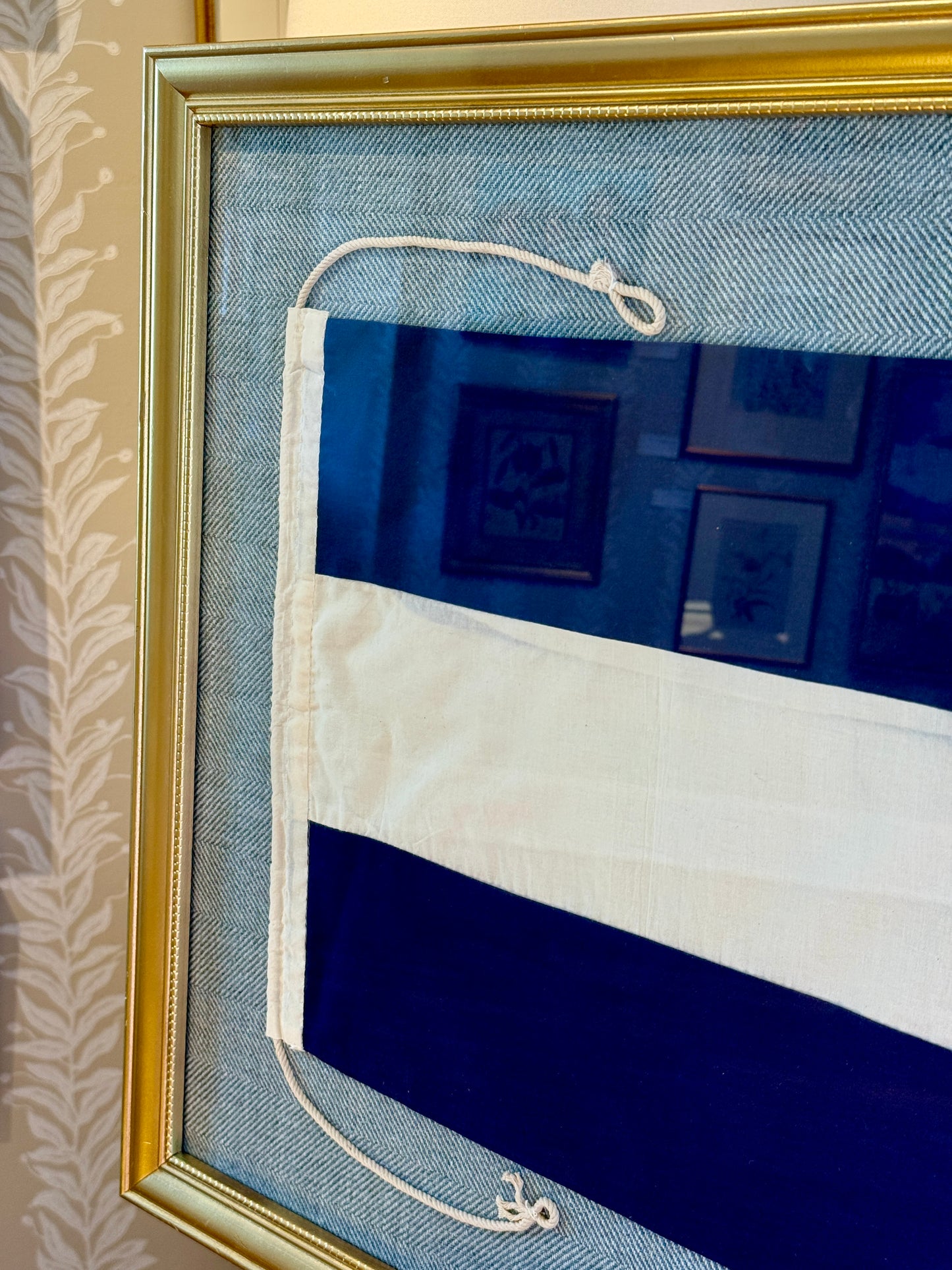 Vintage Cotton Canvas Nautical Signal Flag "J" / " Juliet" on Light Blue Herringbone in Gold Frame