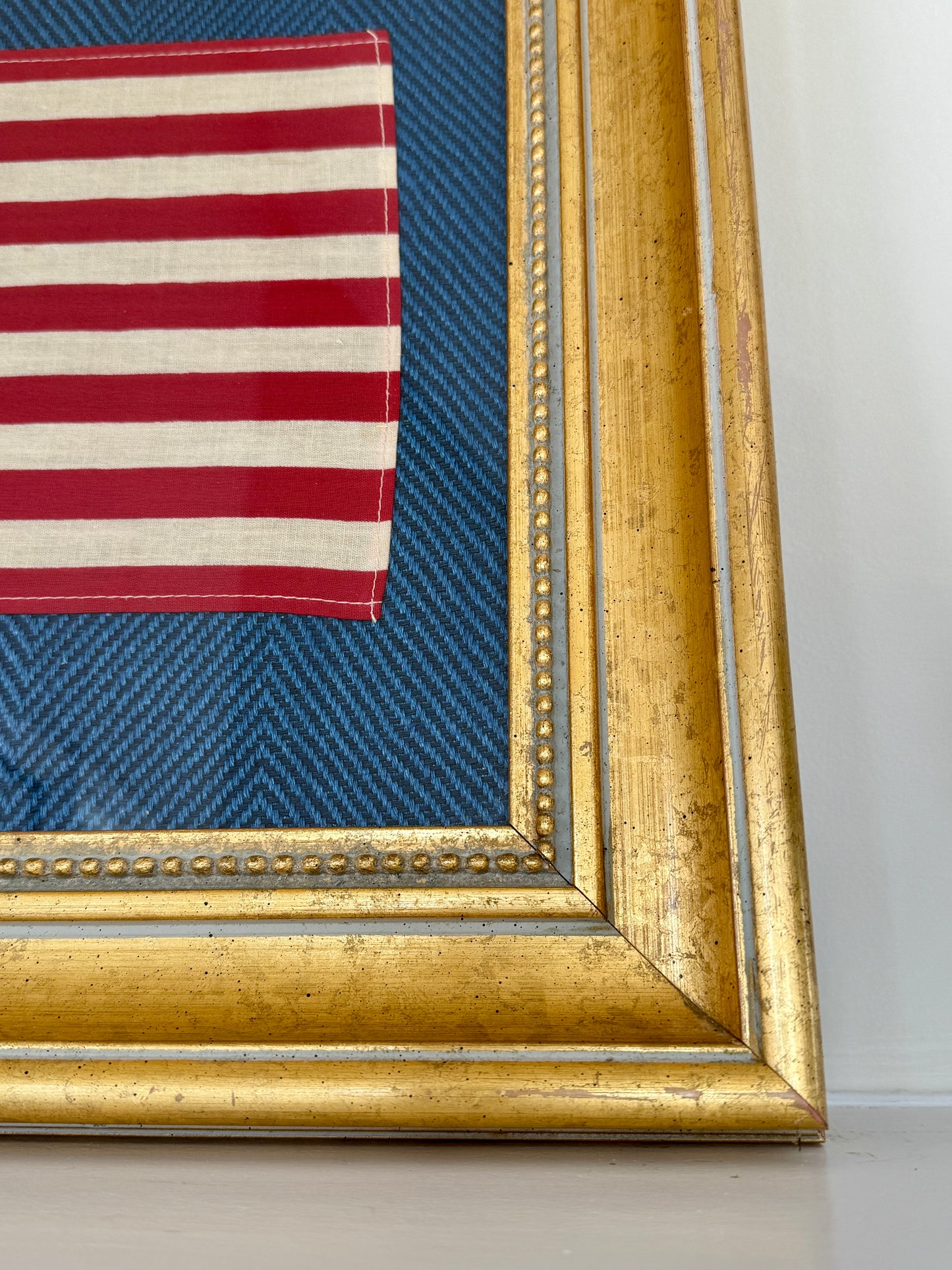 Vintage 50 Staggered Star American Flag on Ralph Lauren Navy Heringbone in Gold Frame