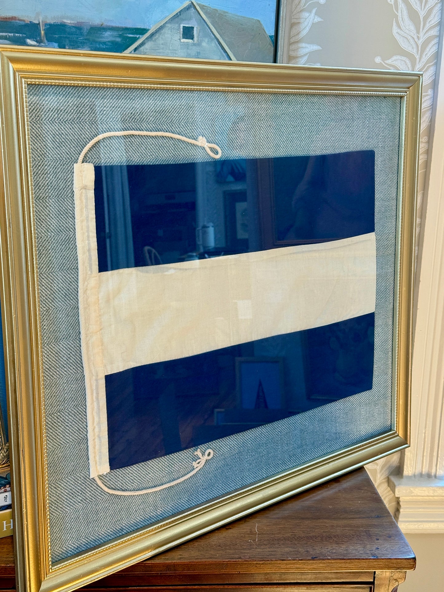 Vintage Cotton Canvas Nautical Signal Flag "J" / " Juliet" on Light Blue Herringbone in Gold Frame