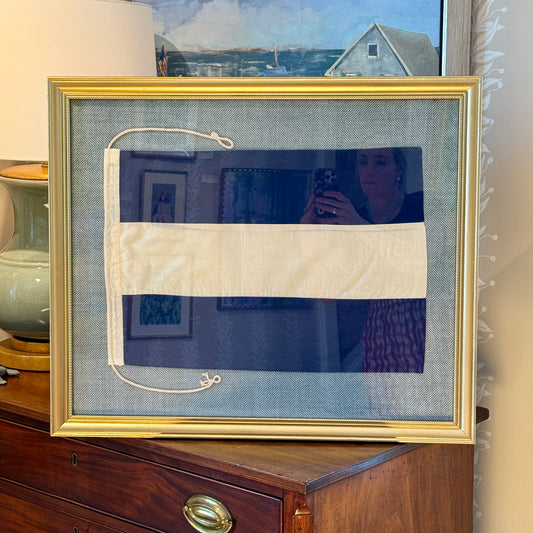 Vintage Cotton Canvas Nautical Signal Flag "J" / " Juliet" on Light Blue Herringbone in Gold Frame