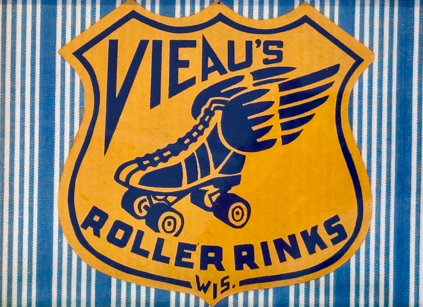 Vintage Roller Rink Patch on Blue Stripes in Gold Frame