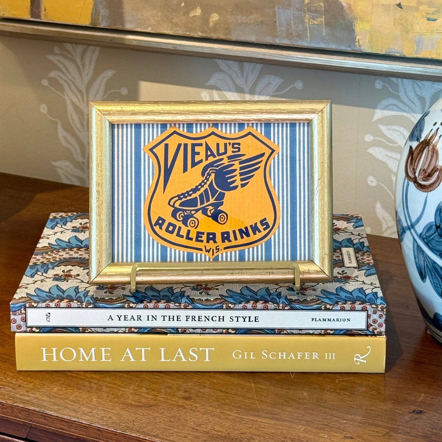 Vintage Roller Rink Patch on Blue Stripes in Gold Frame
