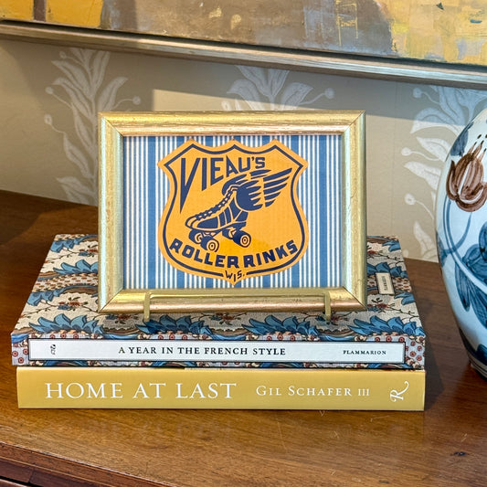 Vintage Roller Rink Patch on Blue Stripes in Gold Frame