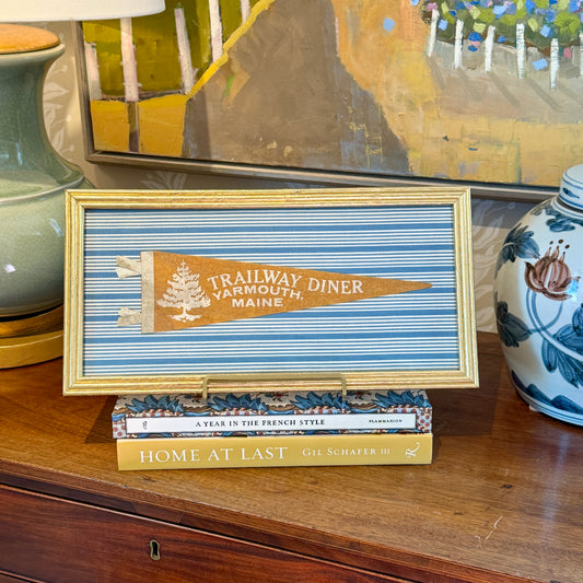 Vintage Yarmouth Maine Trailway Diner Felt Pennant on Blue Stripes in Gold Frame