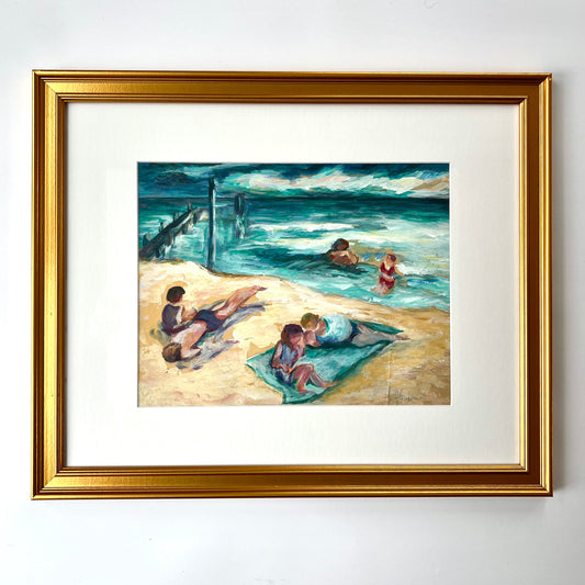 Mid Century Beach Bathers Oil Painting