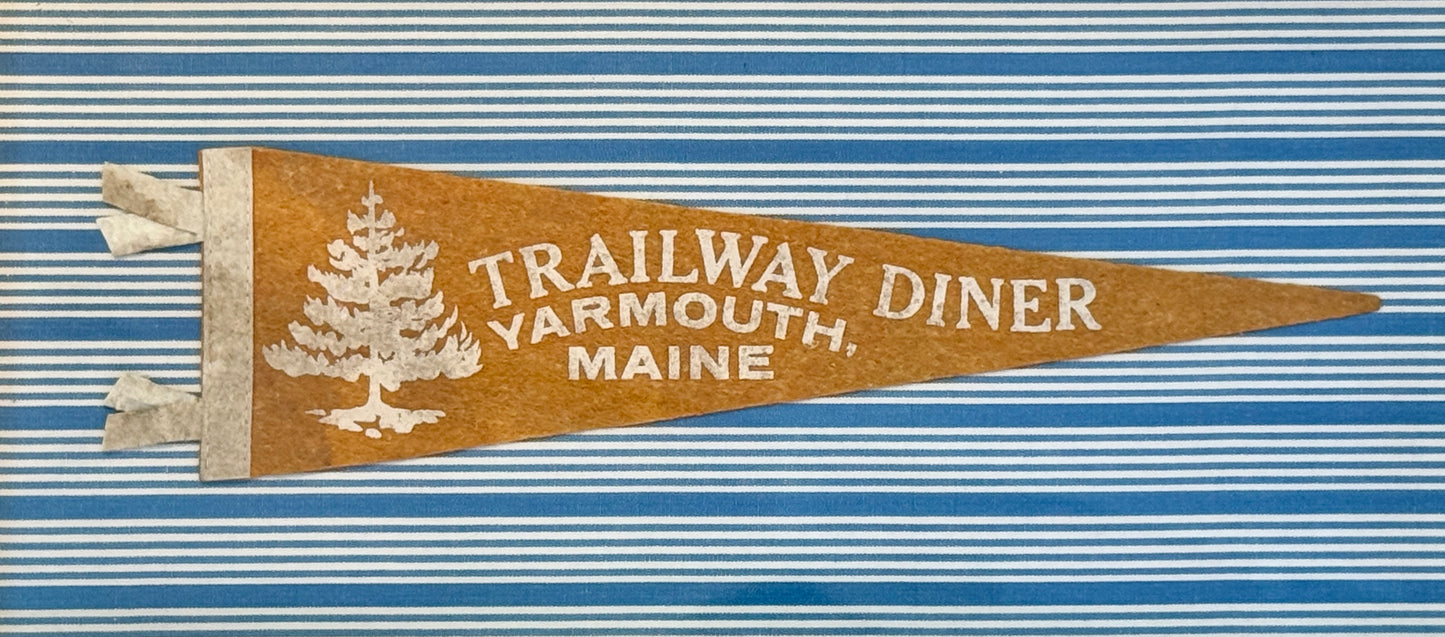 Vintage Yarmouth Maine Trailway Diner Felt Pennant on Blue Stripes in Gold Frame