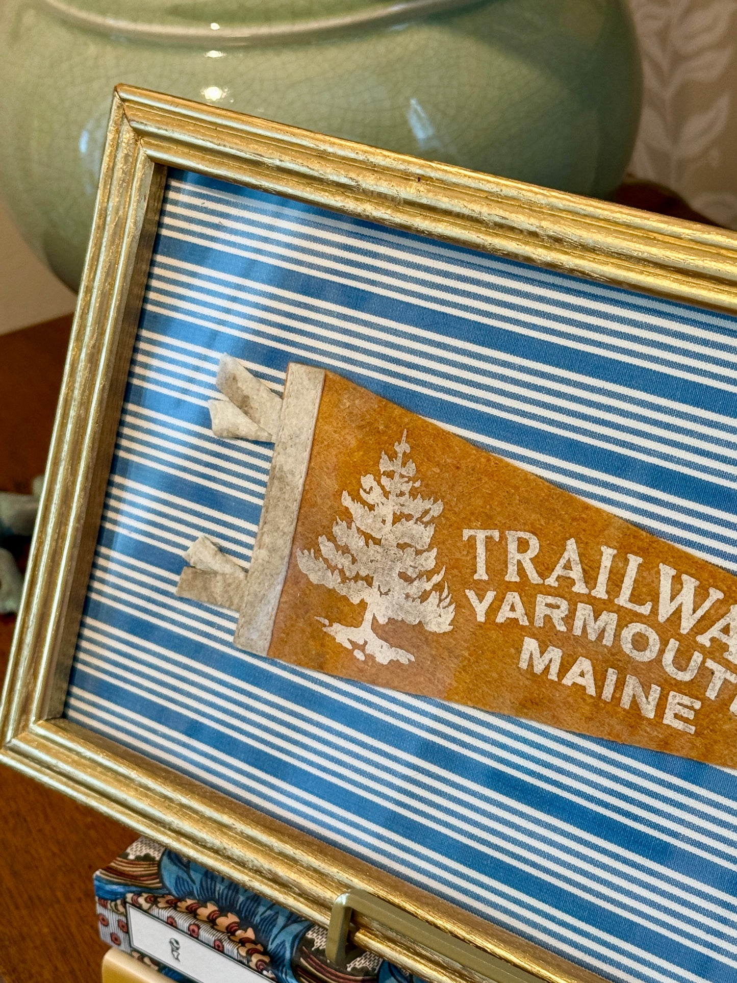 Vintage Yarmouth Maine Trailway Diner Felt Pennant on Blue Stripes in Gold Frame