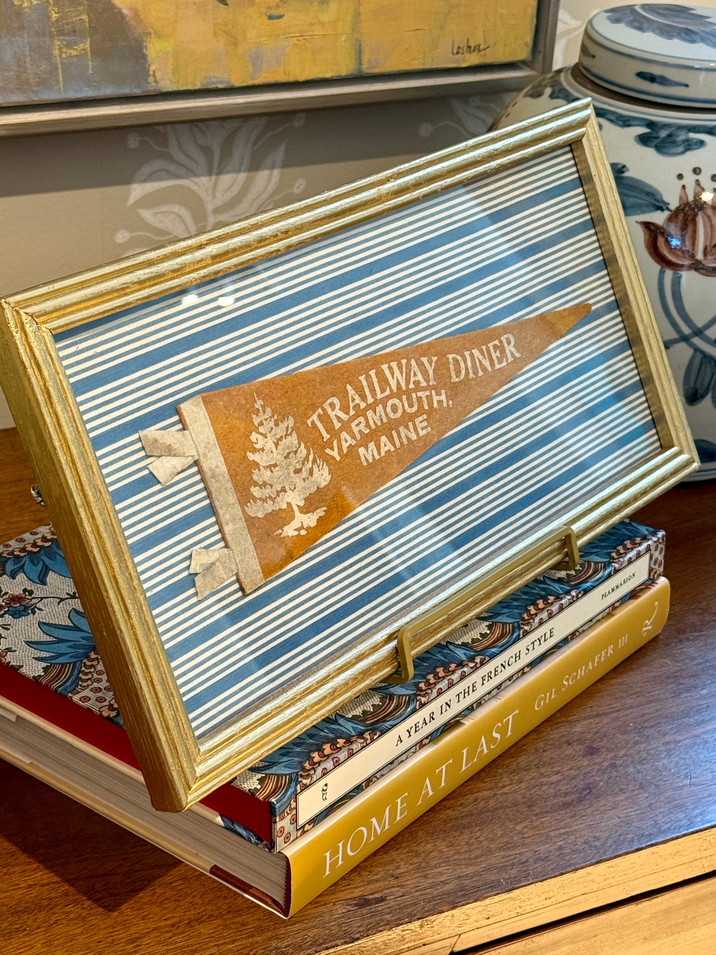 Vintage Yarmouth Maine Trailway Diner Felt Pennant on Blue Stripes in Gold Frame
