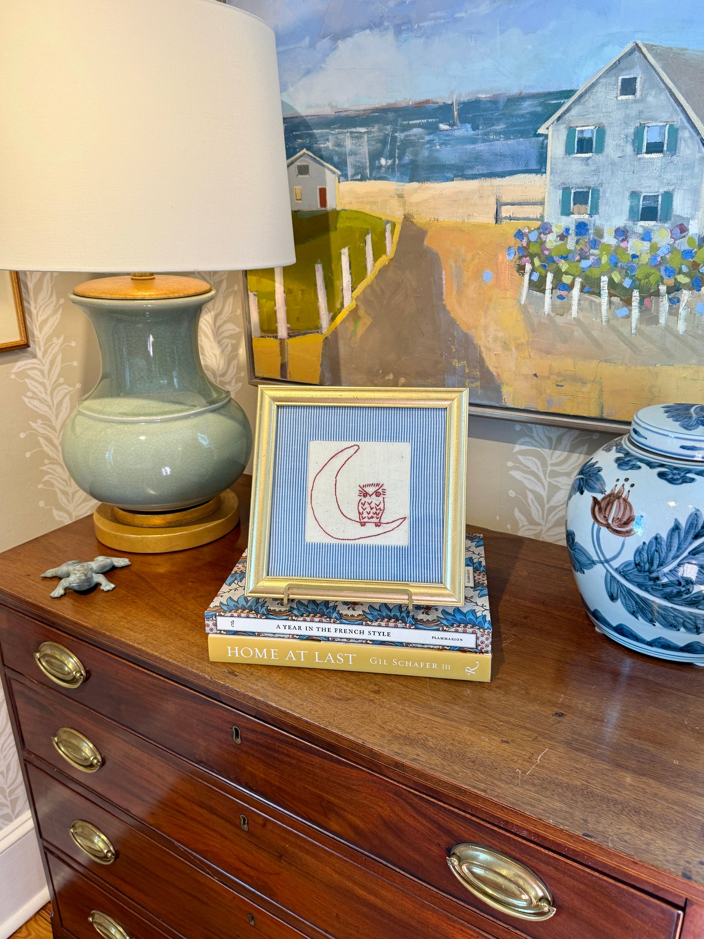 Antique Redwork Owl On The Moon Embroidery with Blue Striped Wrapped Mat in Gold Frame
