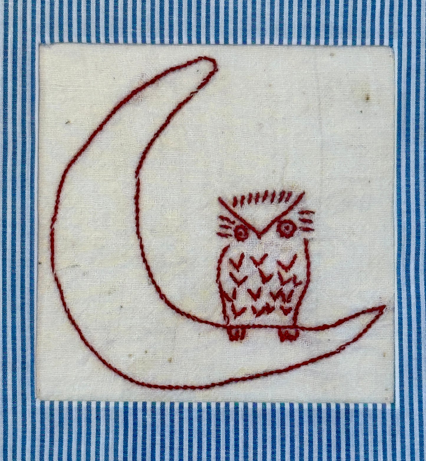 Antique Redwork Owl On The Moon Embroidery with Blue Striped Wrapped Mat in Gold Frame