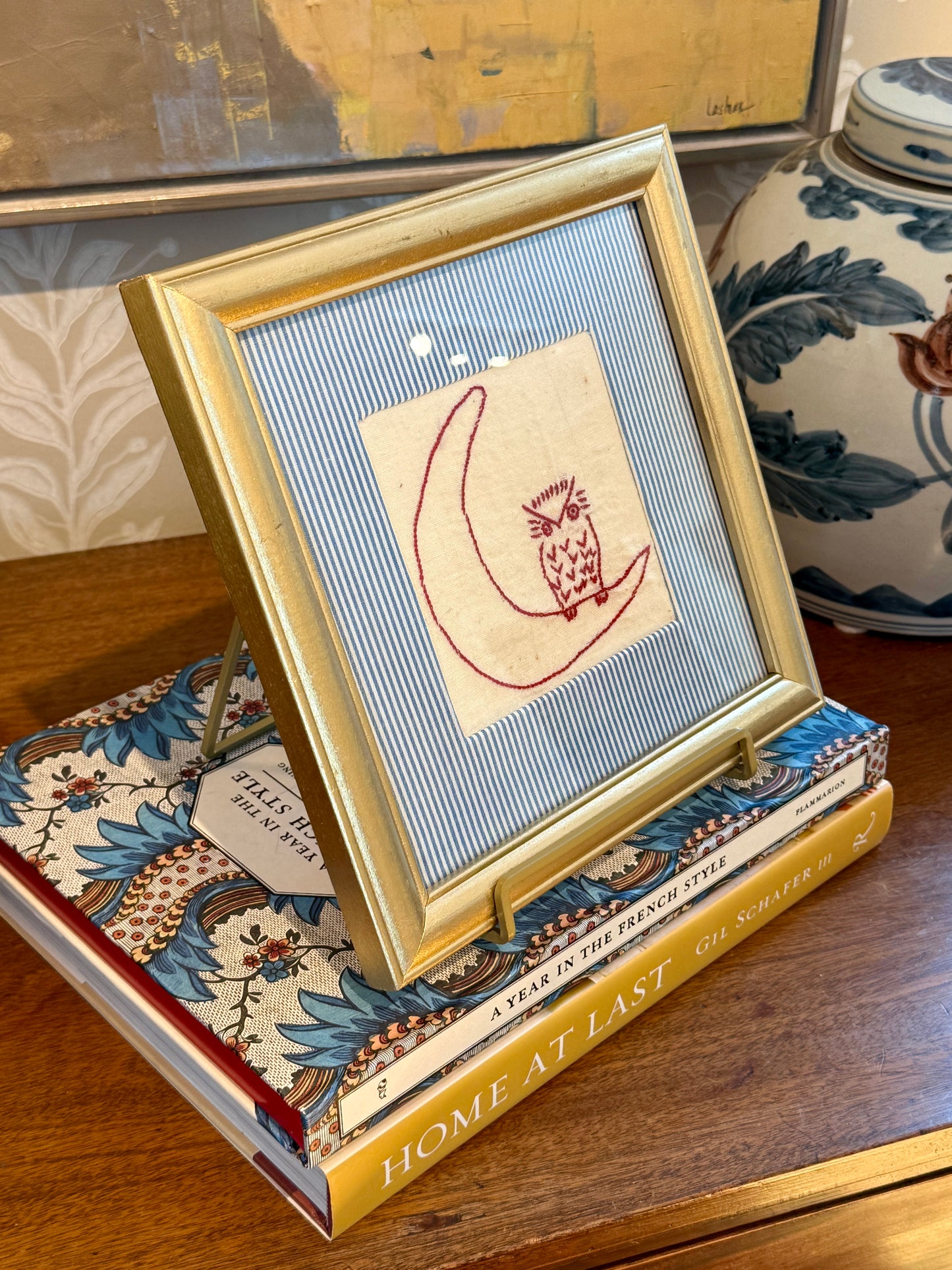 Antique Redwork Owl On The Moon Embroidery with Blue Striped Wrapped Mat in Gold Frame