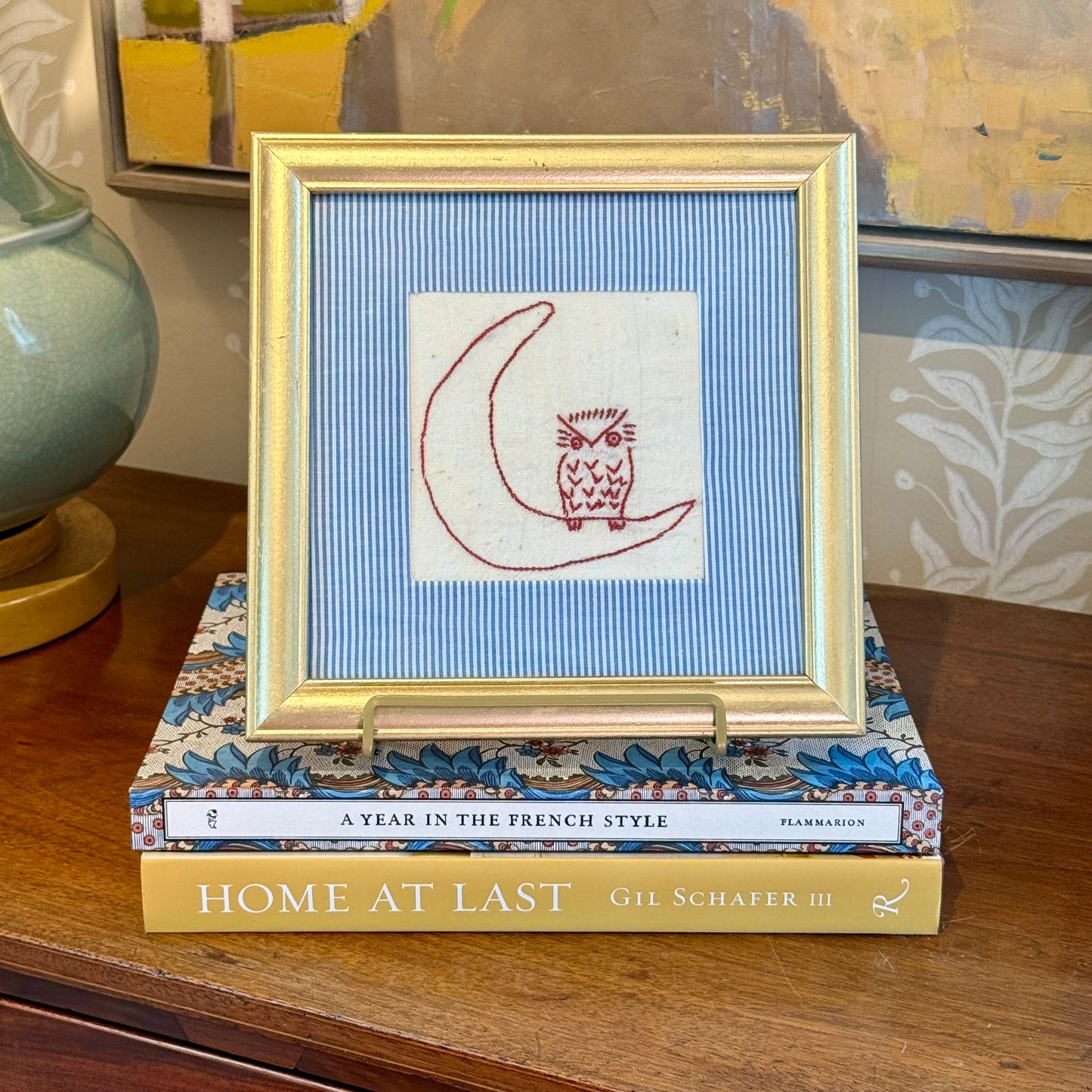 Antique Redwork Owl On The Moon Embroidery with Blue Striped Wrapped Mat in Gold Frame